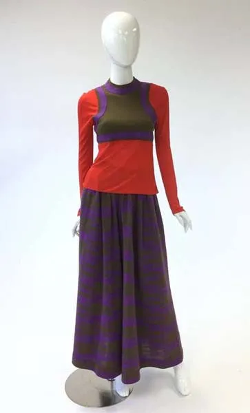 1960s Rudi Gernreich Red-Purple-Olive Graphic Top and Culottes Set