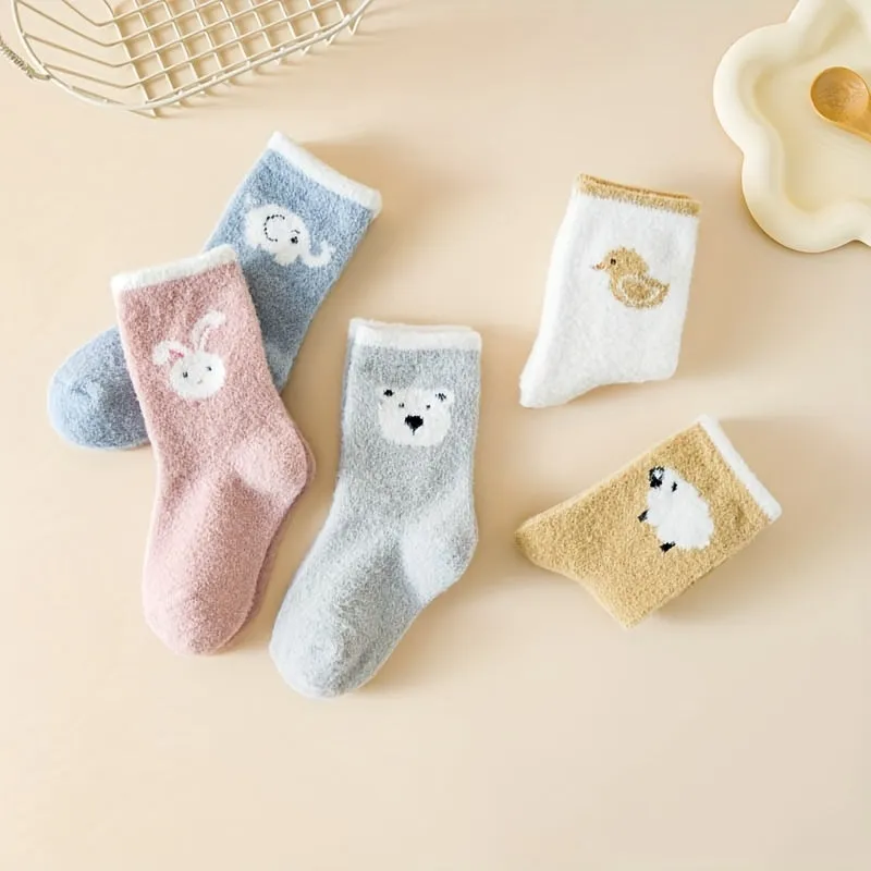 5 Pairs Of Baby Girl's Cute Animals Cartoon Pattern Knitted Socks, Thermal Comfy Breathable Soft Quarter Socks For Babies Winter & Autumn Wearing