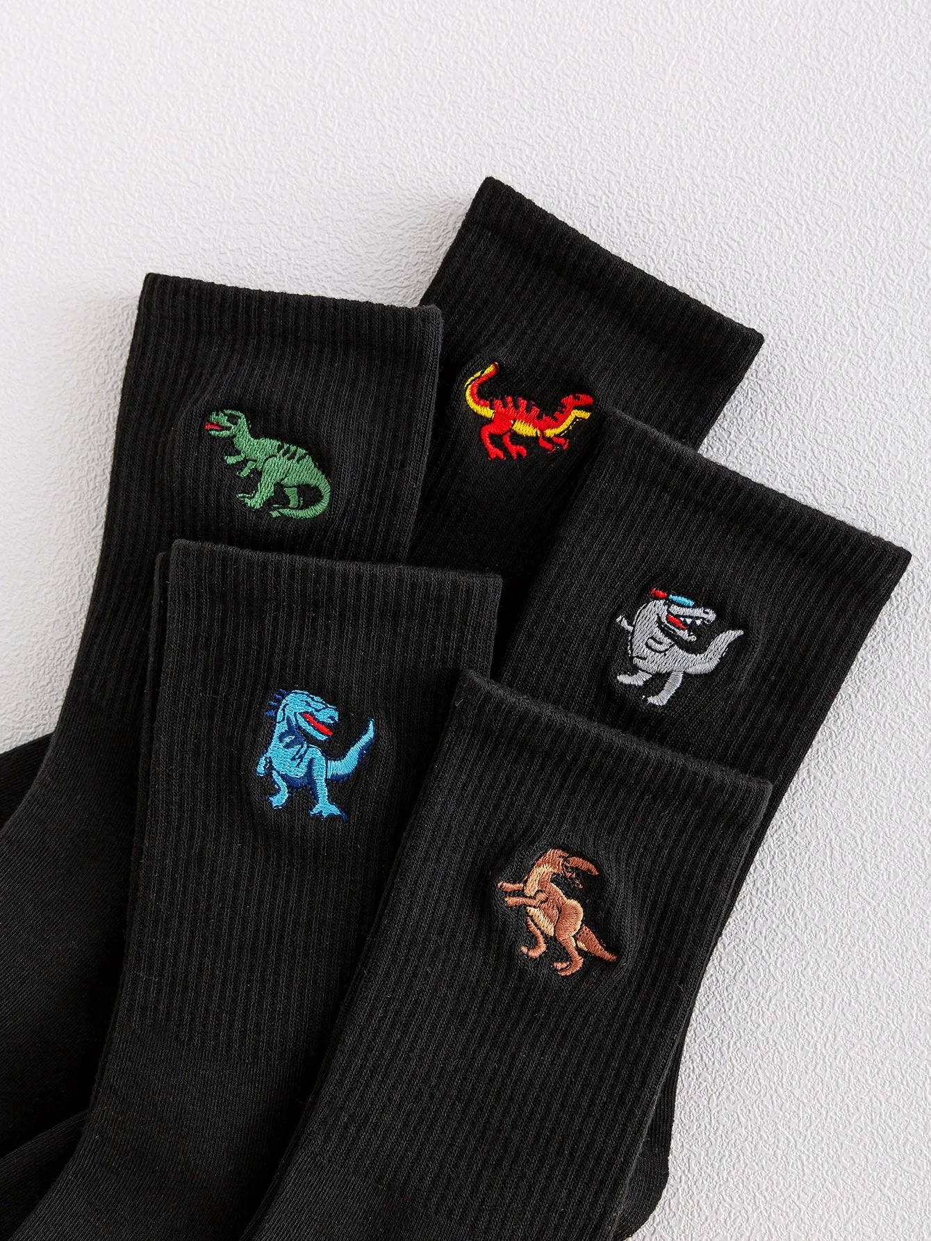 5pairs Men Dinosaur Embroidered Crew Socks