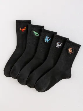 5pairs Men Dinosaur Embroidered Crew Socks