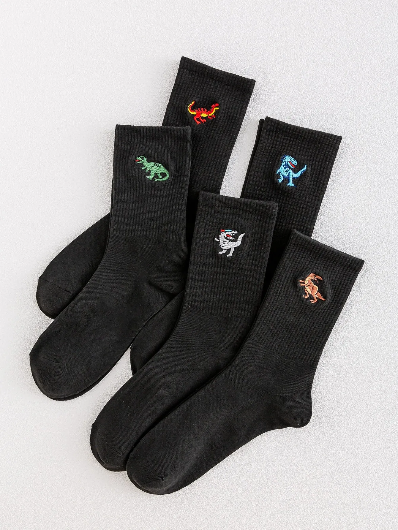 5pairs Men Dinosaur Embroidered Crew Socks