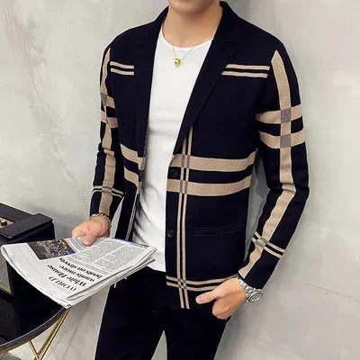 Aidase Men's Knitted Sweater Jacket Men Fashion High Quality Brand Slim Striped Long Sleeve Suit Collar Cardigan Wool Jacket Coat