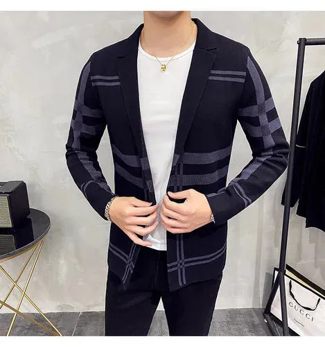 Aidase Men's Knitted Sweater Jacket Men Fashion High Quality Brand Slim Striped Long Sleeve Suit Collar Cardigan Wool Jacket Coat