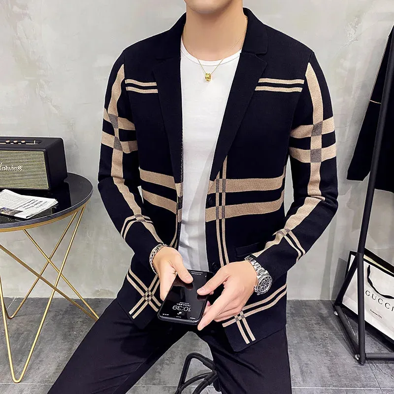 Aidase Men's Knitted Sweater Jacket Men Fashion High Quality Brand Slim Striped Long Sleeve Suit Collar Cardigan Wool Jacket Coat