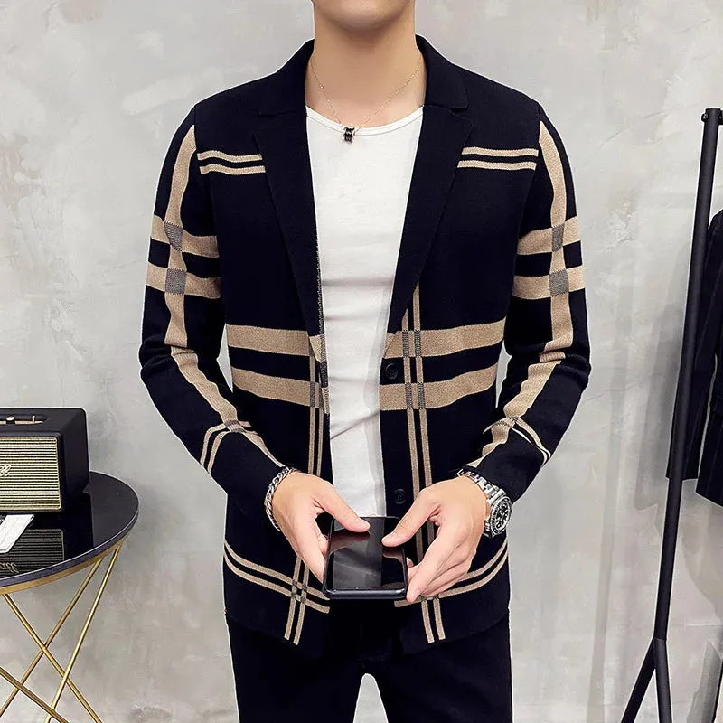 Aidase Men's Knitted Sweater Jacket Men Fashion High Quality Brand Slim Striped Long Sleeve Suit Collar Cardigan Wool Jacket Coat