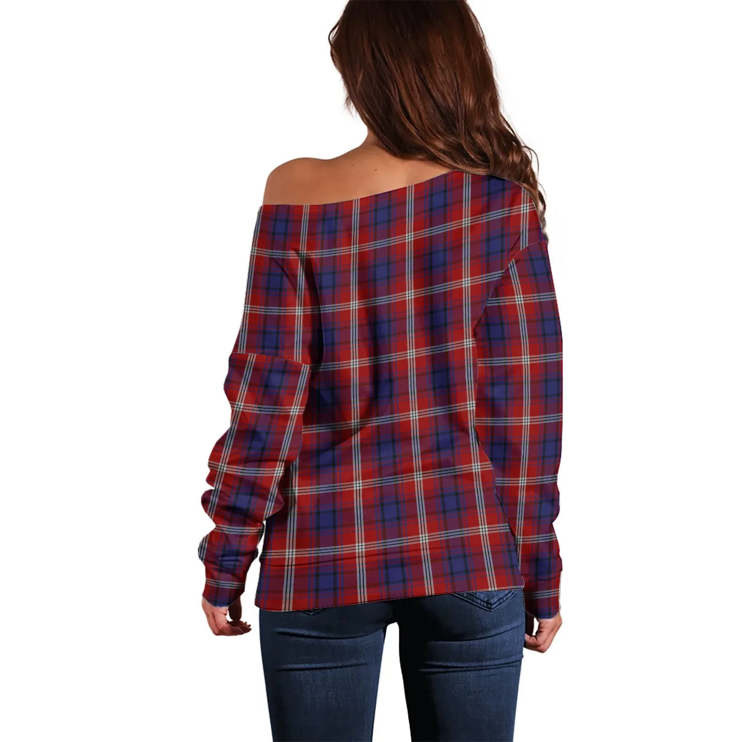 Ainslie Tartan Off Shoulder Women Sweater with Family Crest