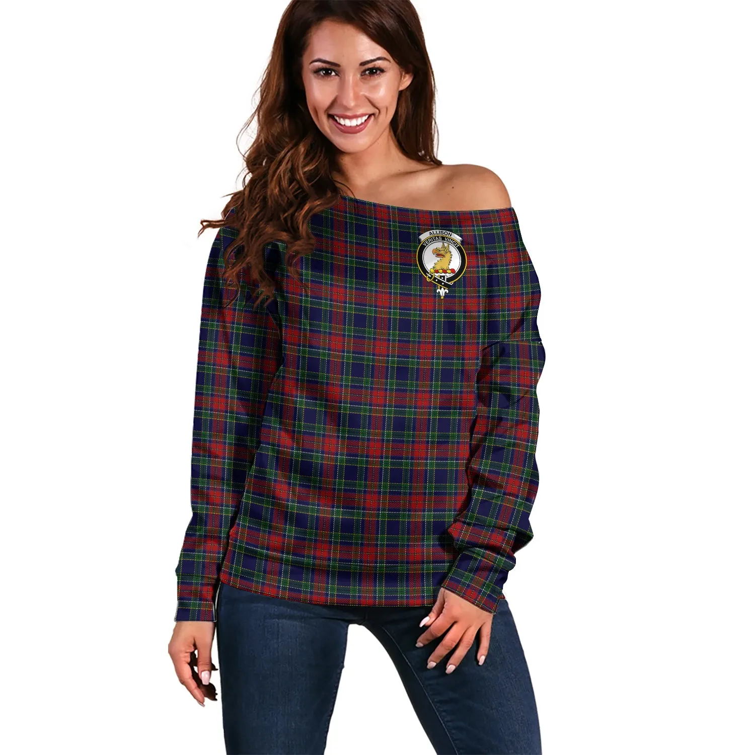 Allison Red Tartan Off Shoulder Women Sweater with Family Crest