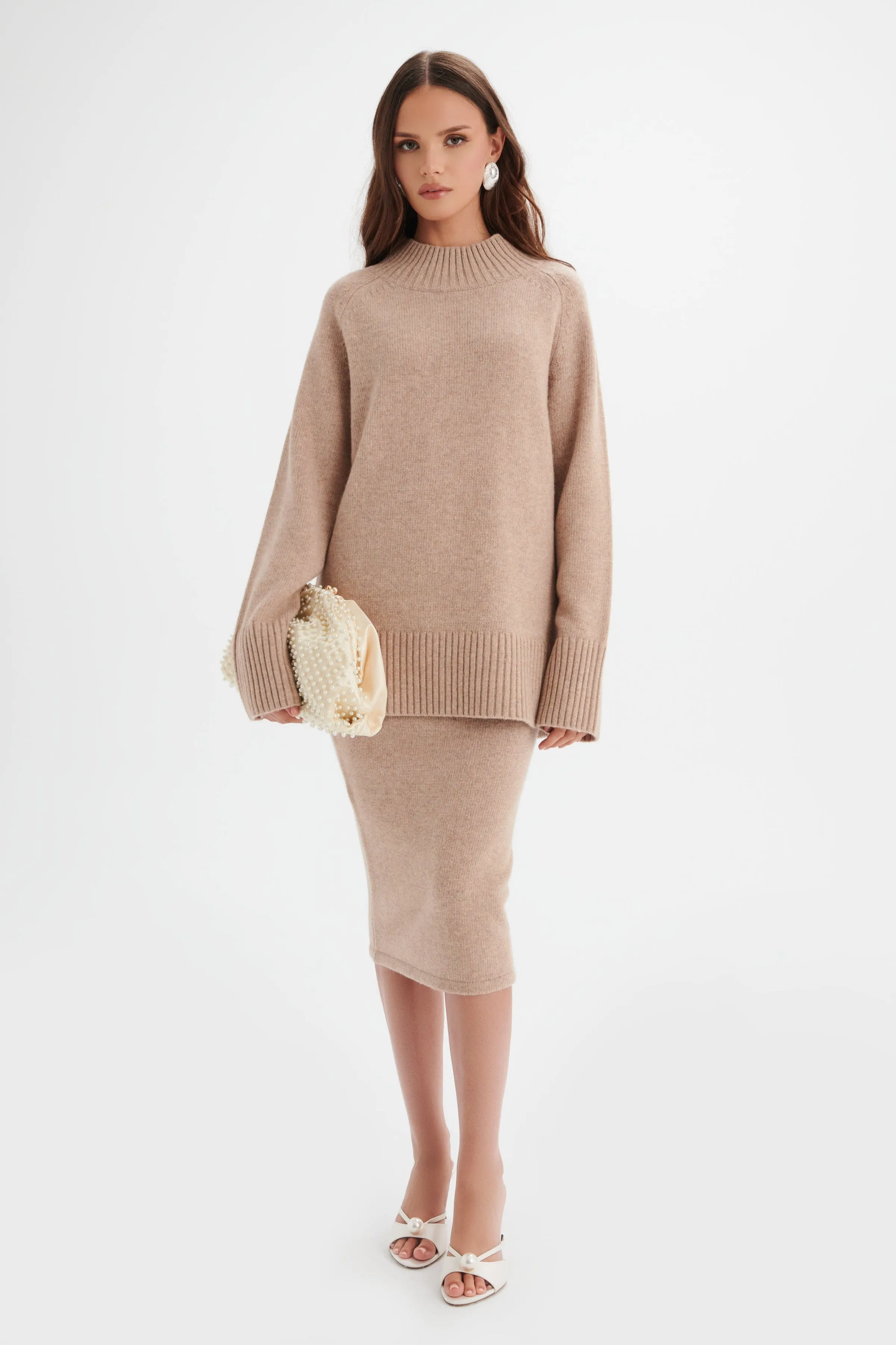 AMARI Knitted Cashmere Blend Jumper In Beige