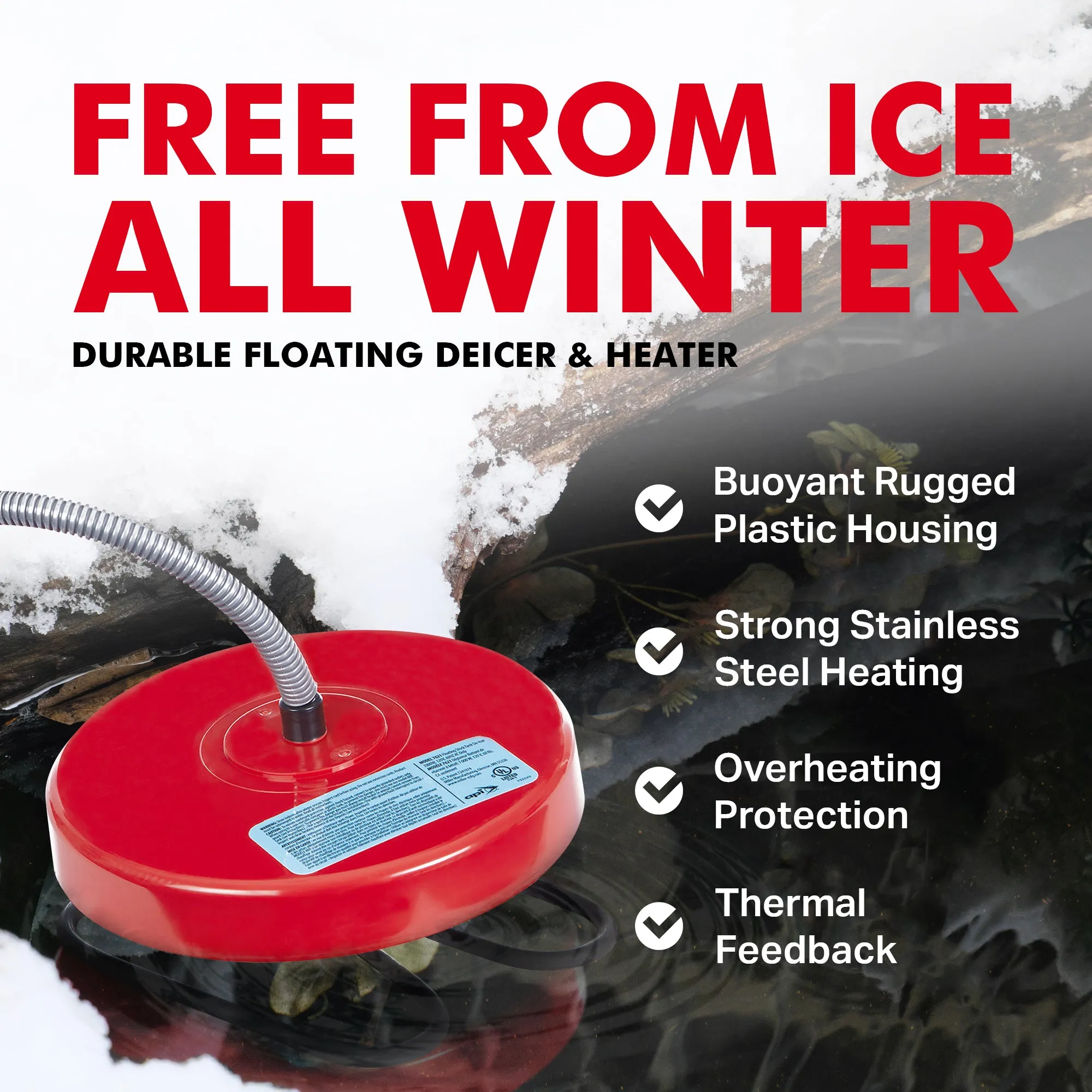 API 1000 Watt Thermostatic Winter Floating Stock Tank Deicer and Heater, Red