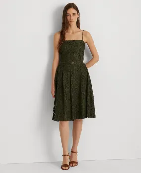 Belted Lace Cocktail Dress In Dark Green