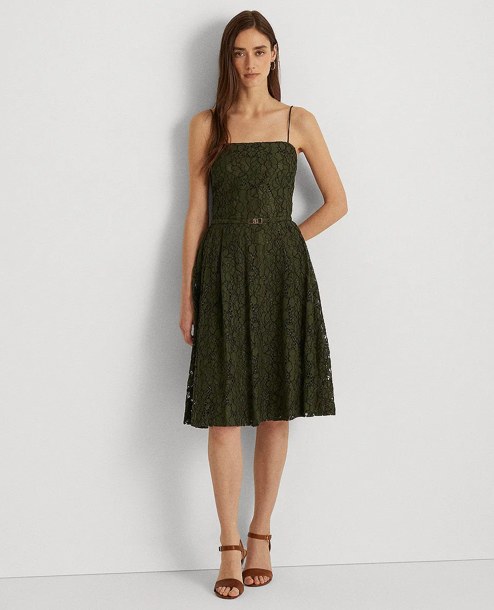 Belted Lace Cocktail Dress In Dark Green