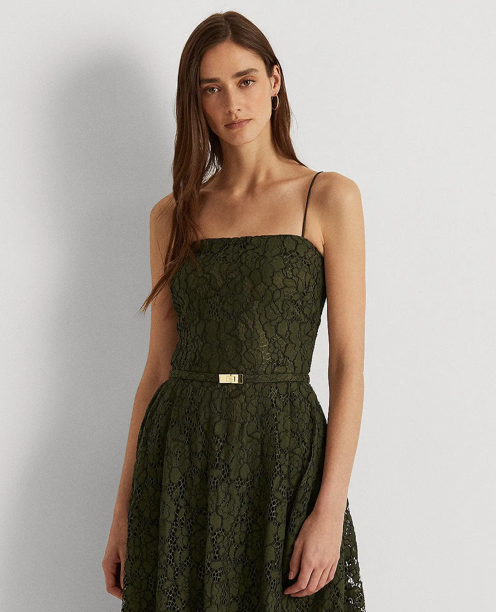 Belted Lace Cocktail Dress In Dark Green