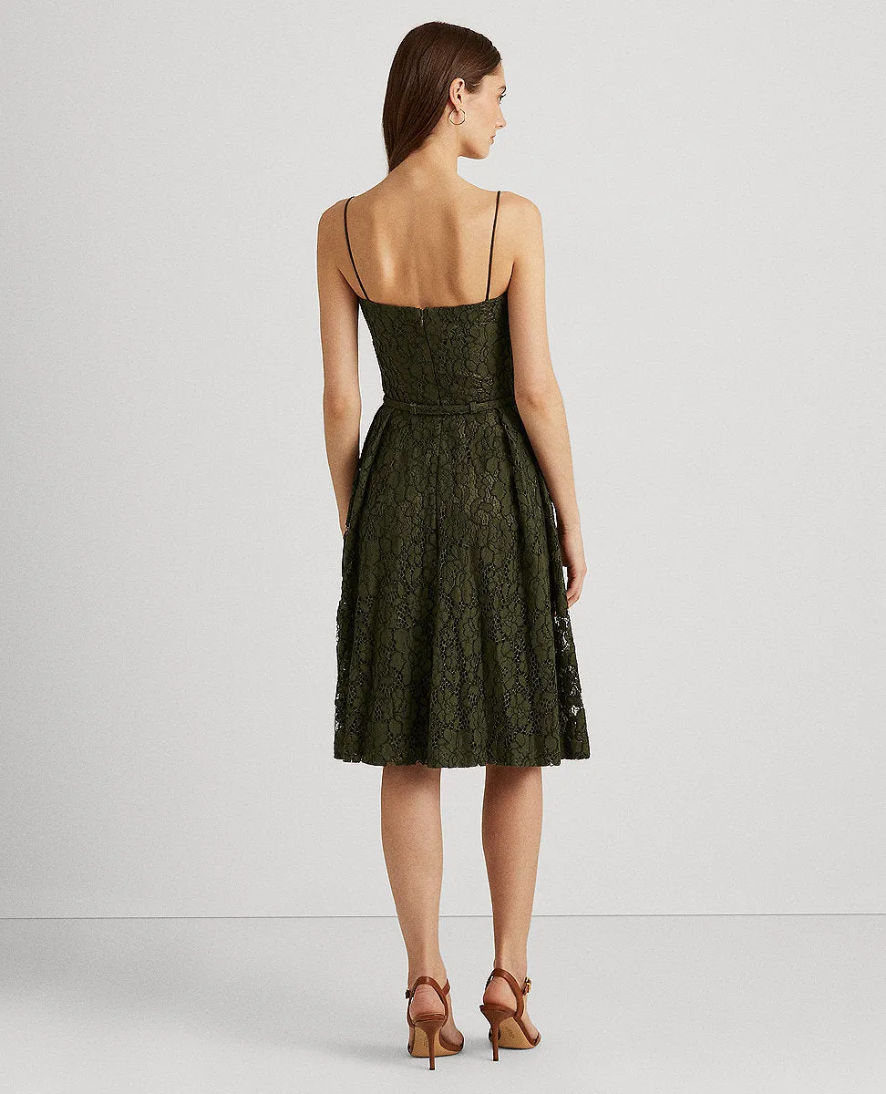 Belted Lace Cocktail Dress In Dark Green