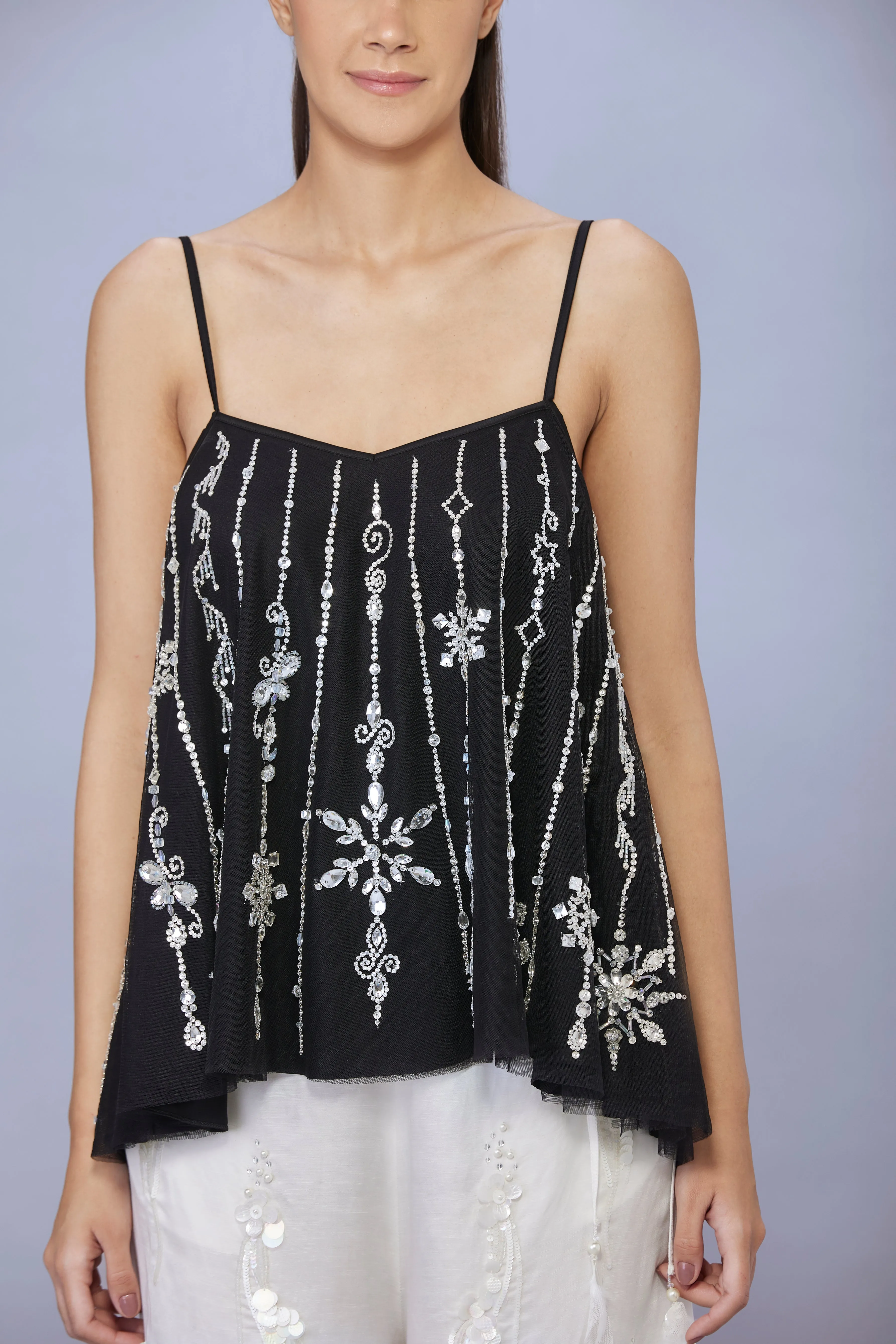 Black Camisole with spagetti straps with silver snowflake diamond lines