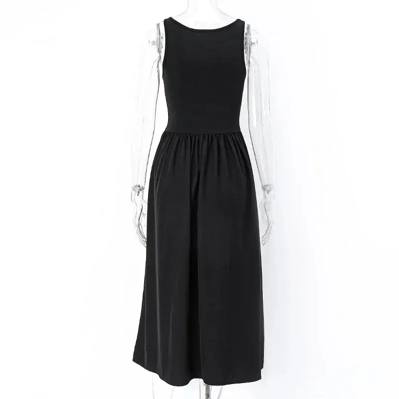 Black Sleeveless O Neck Summer Casual Party Beach Club 2024 Midi Dress