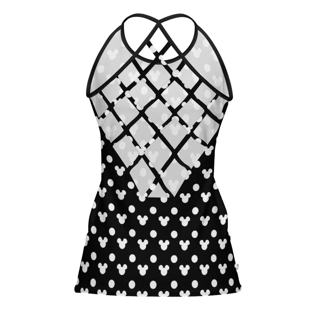 Black With White Mickey Polka Dots Women's Criss-Cross Open Back Tank Top