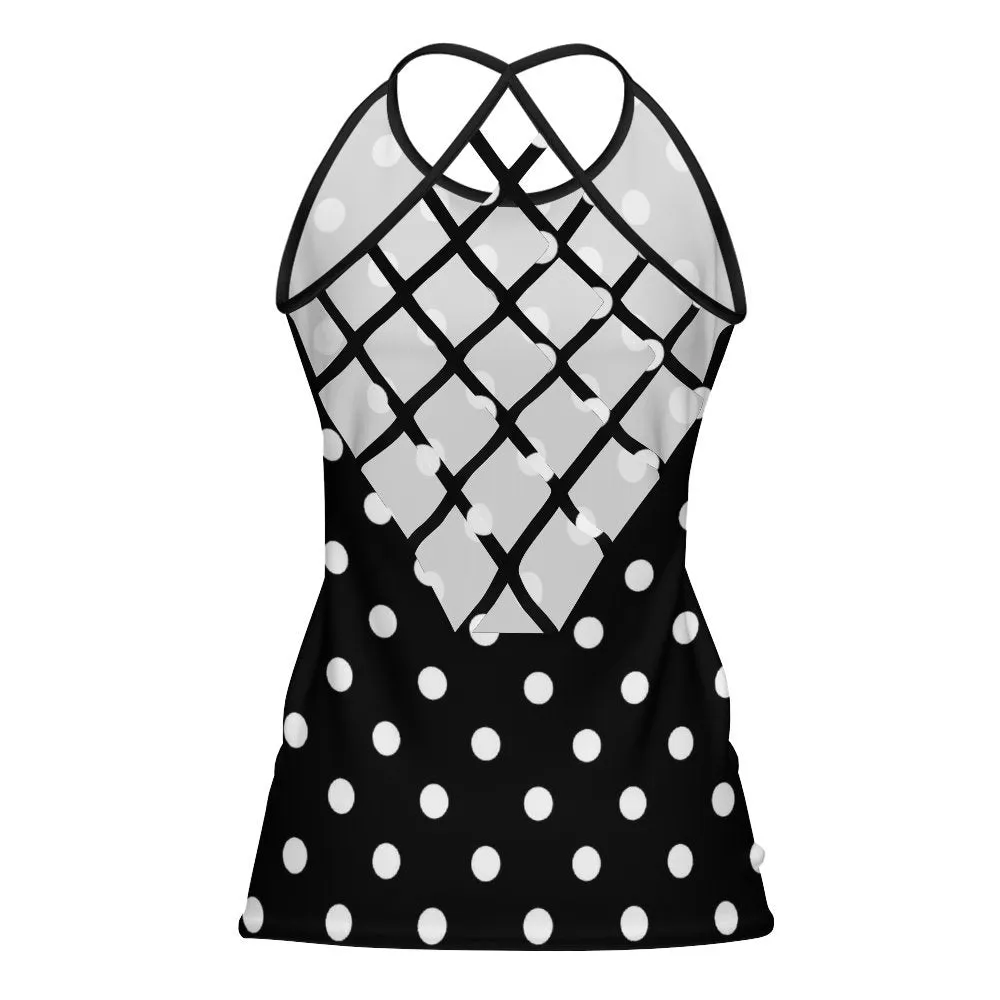 Black With White Polka Dots Women's Criss-Cross Open Back Tank Top