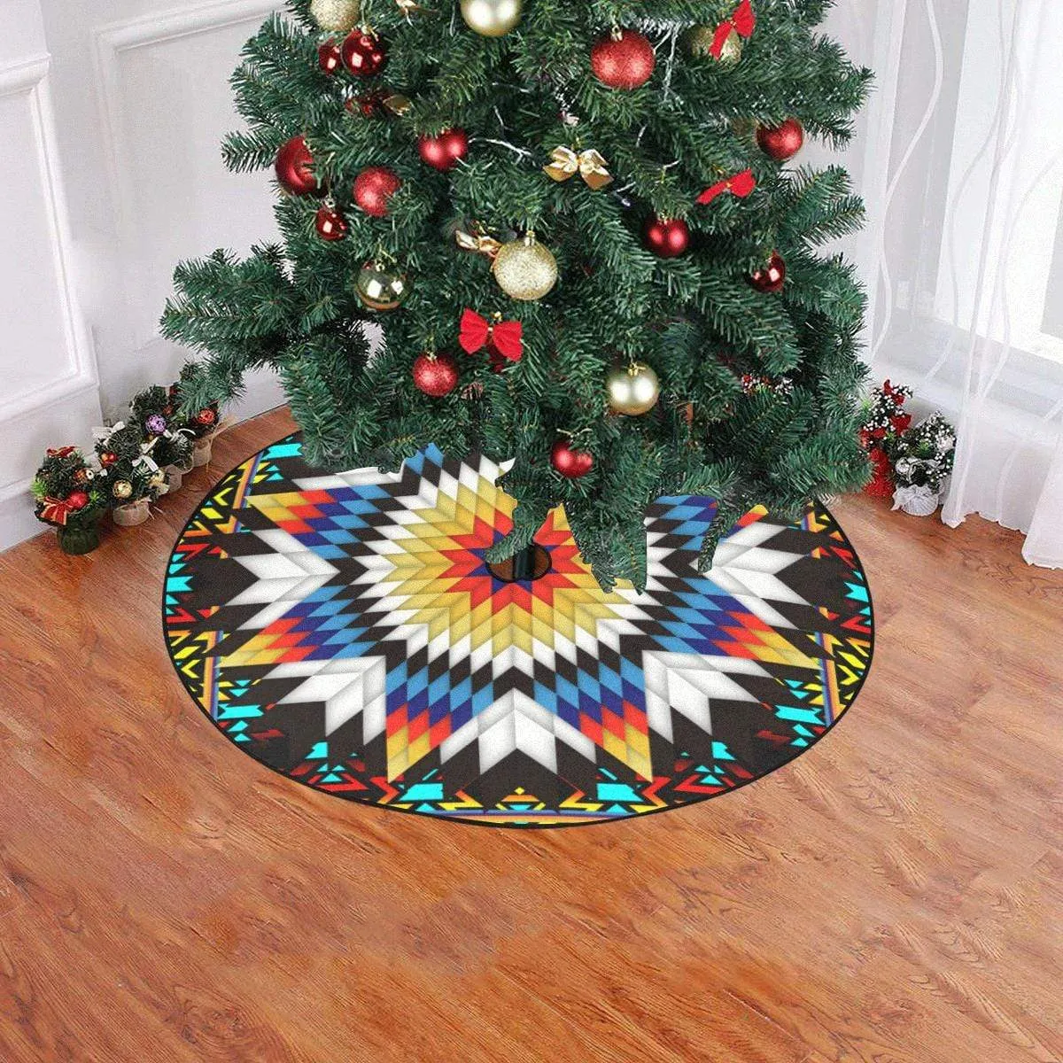 Blackfire and Turquoise Star Christmas Tree Skirt 47" x 47"