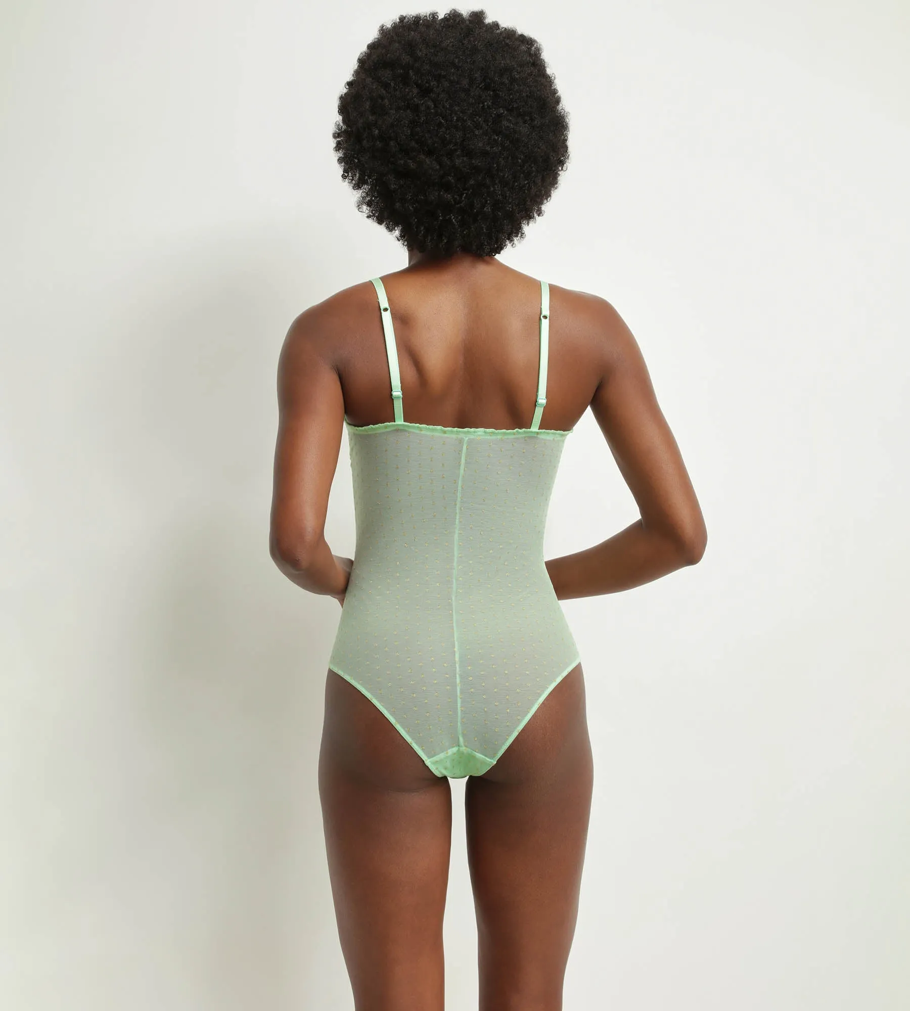 Body femme en tulle transparent Vert et pois lurex Dim Shiny Mesh