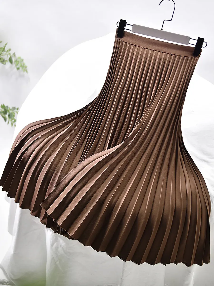 Brand Designer Women Spring Autumn Elegant Chic Solid Pleated Skirt High Waist Luxury Fashion With Elastic Female C-035