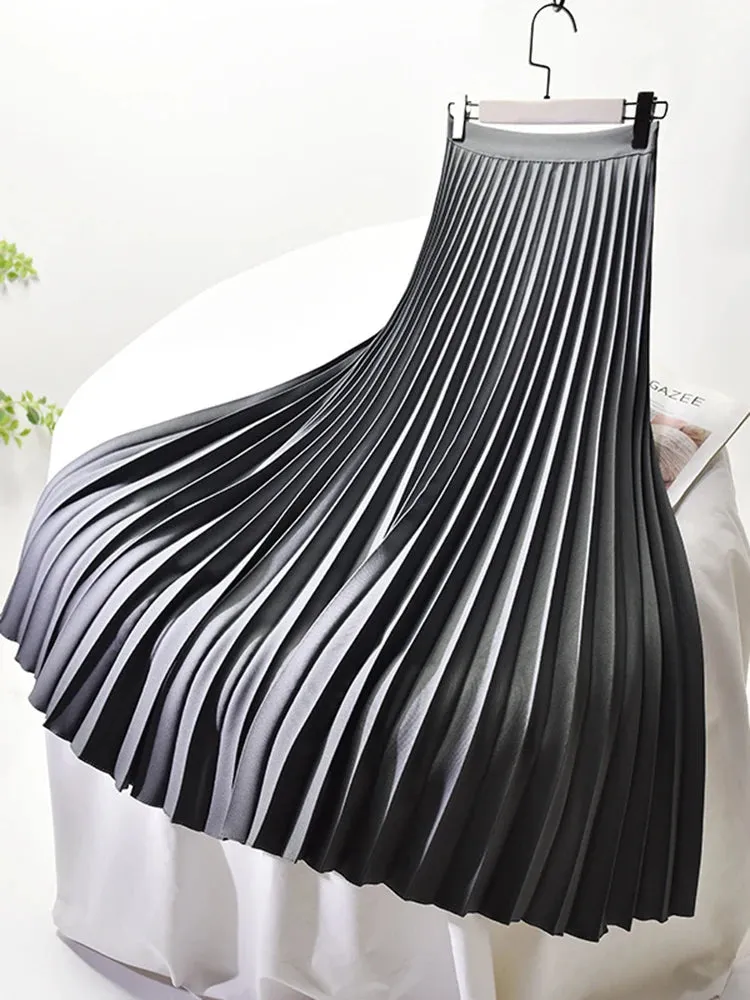 Brand Designer Women Spring Autumn Elegant Chic Solid Pleated Skirt High Waist Luxury Fashion With Elastic Female C-035