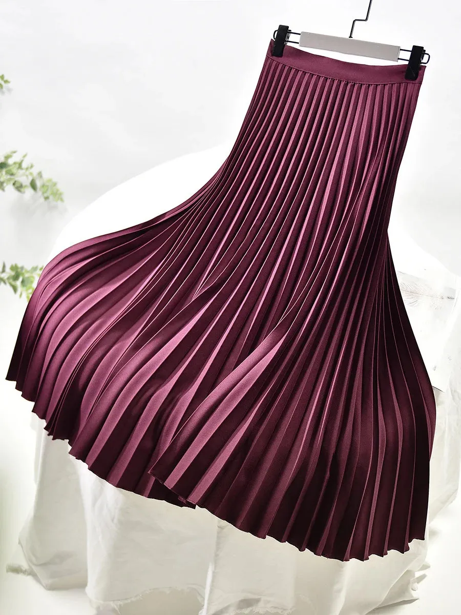 Brand Designer Women Spring Autumn Elegant Chic Solid Pleated Skirt High Waist Luxury Fashion With Elastic Female C-035