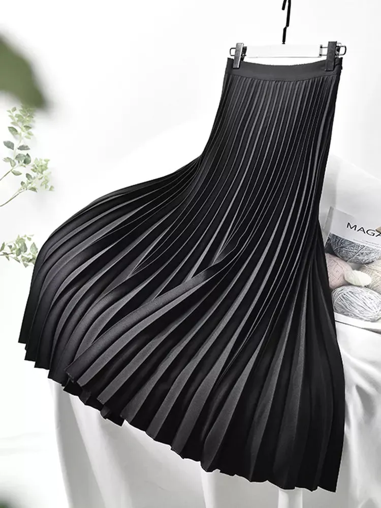 Brand Designer Women Spring Autumn Elegant Chic Solid Pleated Skirt High Waist Luxury Fashion With Elastic Female C-035