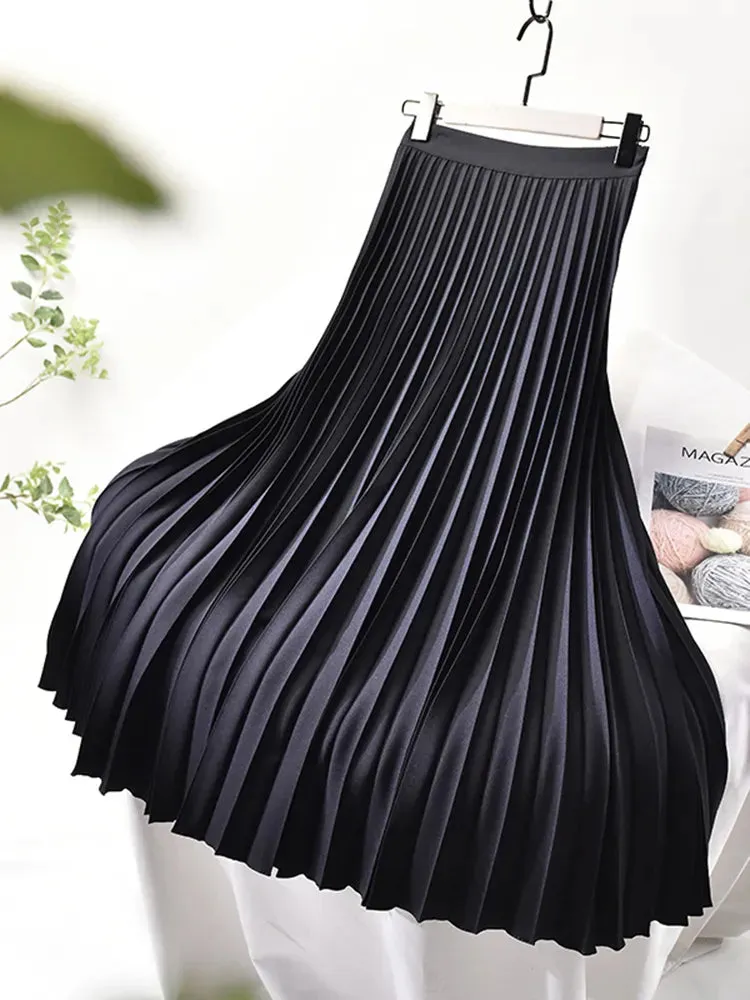 Brand Designer Women Spring Autumn Elegant Chic Solid Pleated Skirt High Waist Luxury Fashion With Elastic Female C-035