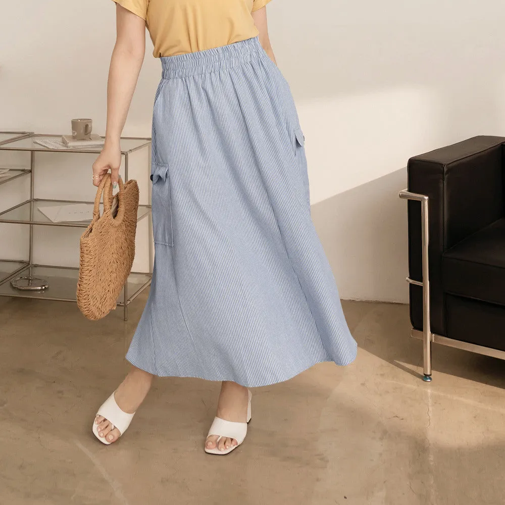 Casual Cotton Striped A-Line Elastic Waist Long Maxi Skirt