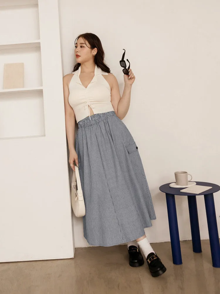 Casual Cotton Striped A-Line Elastic Waist Long Maxi Skirt