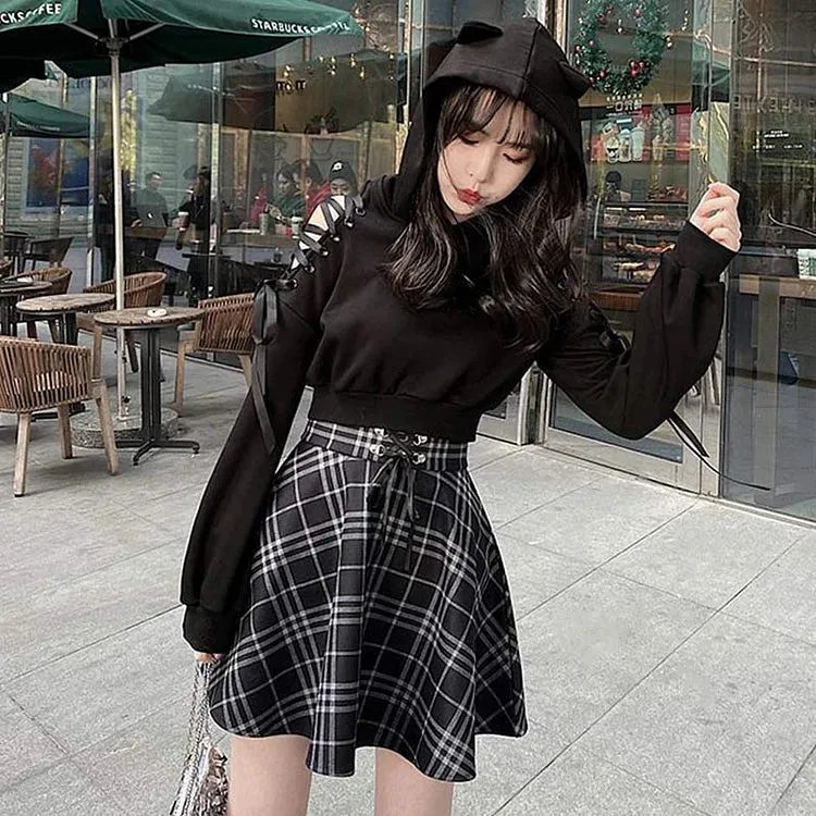 Chic High Waist Plaid Lace Up Skirt