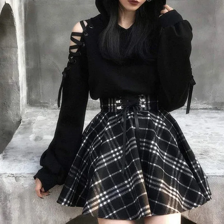 Chic High Waist Plaid Lace Up Skirt