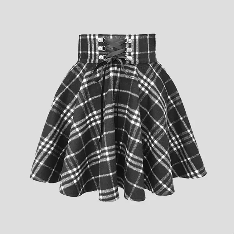 Chic High Waist Plaid Lace Up Skirt