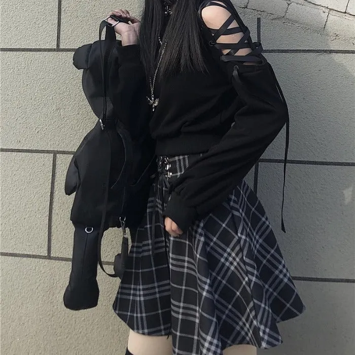 Chic High Waist Plaid Lace Up Skirt