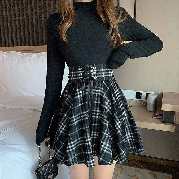 Chic High Waist Plaid Lace Up Skirt