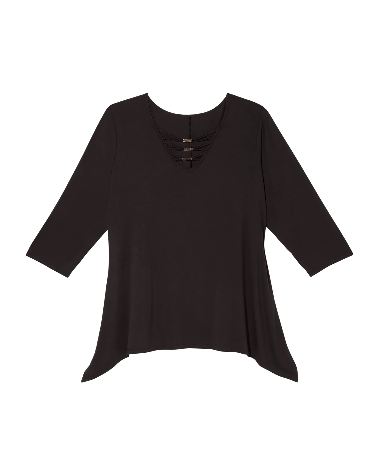 Christine 3/4 Sleeve V-Neck Hardware Sharkbite Top | Black