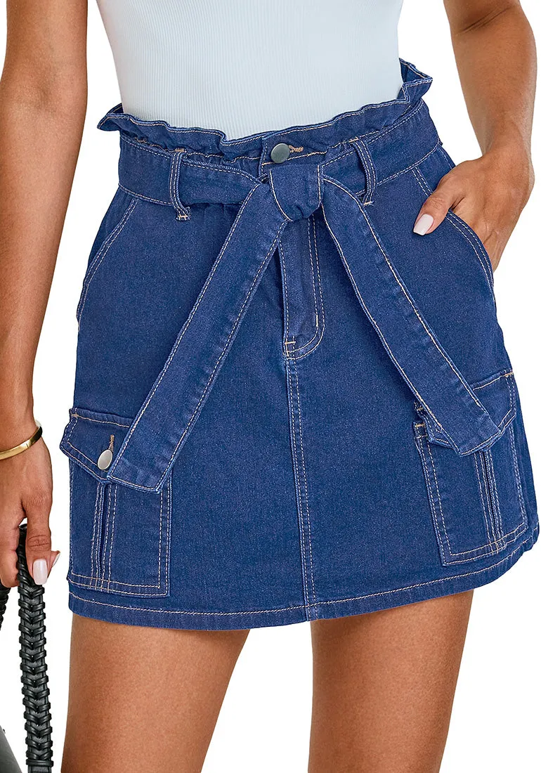 Classic Blue Women's High Waisted Denim Jean Skorts With Pocket Elastic PaperBag Waist Skorts