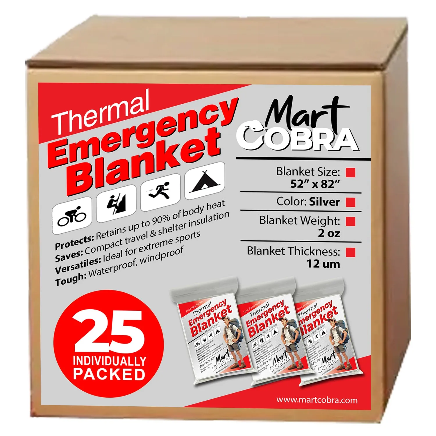 Cobra Emergency Blankets - Ultra-Durable Survival Gear, 52" x 82" - Compact Thermal Protection