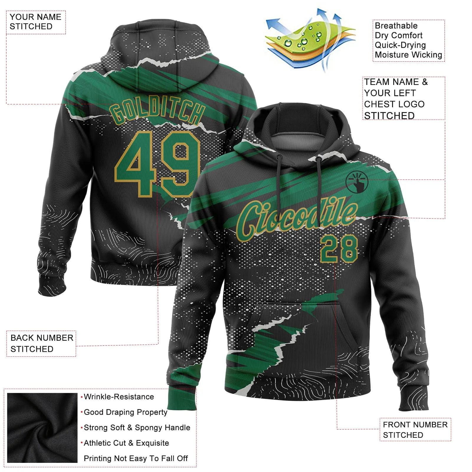 Custom Stitched Black Kelly Green-Old Gold 3D Pattern Design Torn Paper Style Sports Pullover Sweatshirt Hoodie