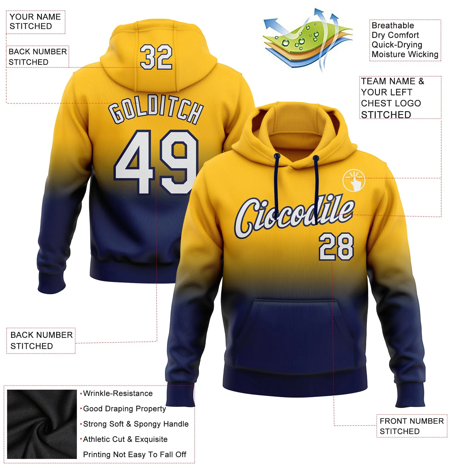 Custom Stitched Gold White-Navy Fade Fashion Sports Pullover Sweatshirt Hoodie