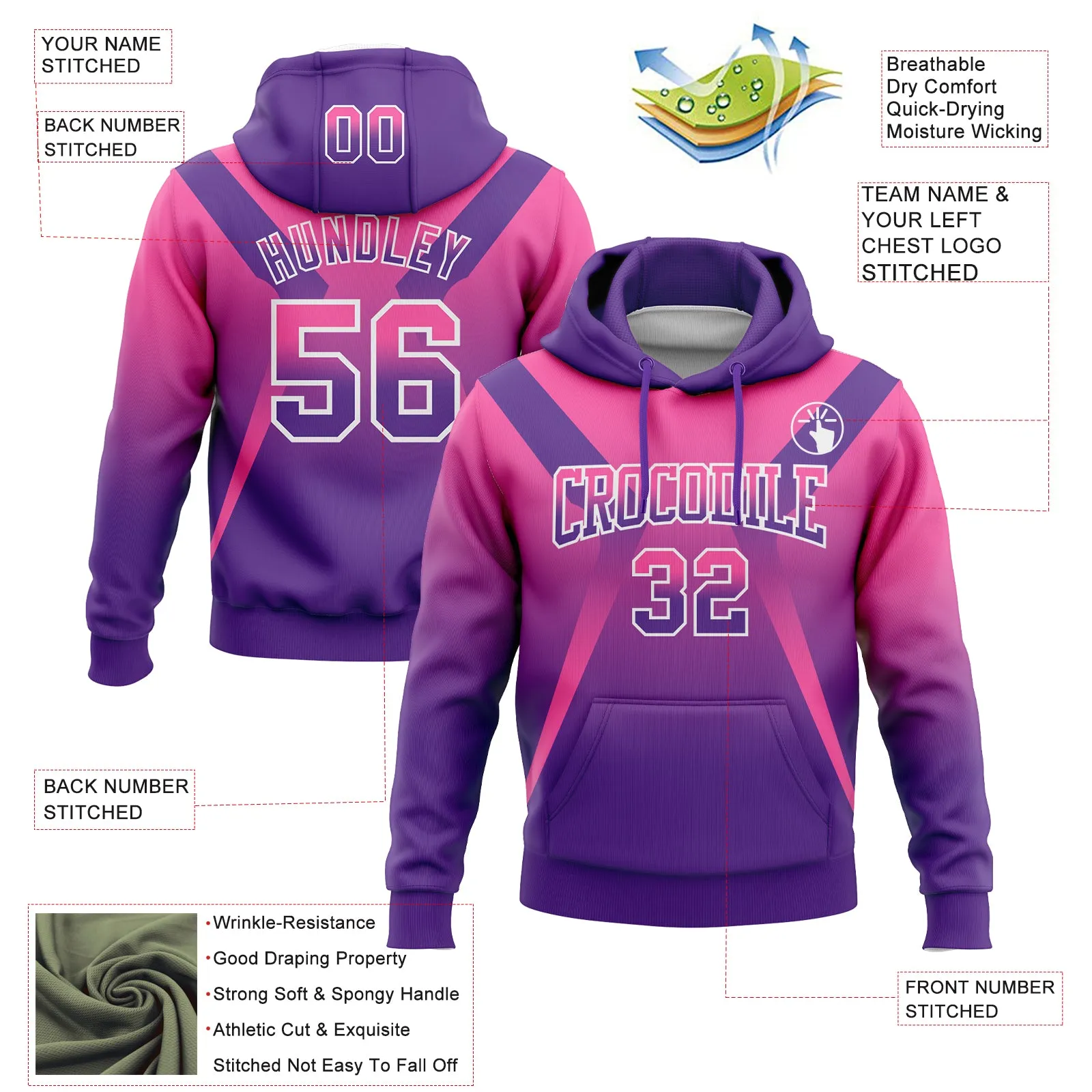 Custom Stitched Pink Purple-White Fade Fashion Arrow Sports Pullover Sweatshirt Hoodie