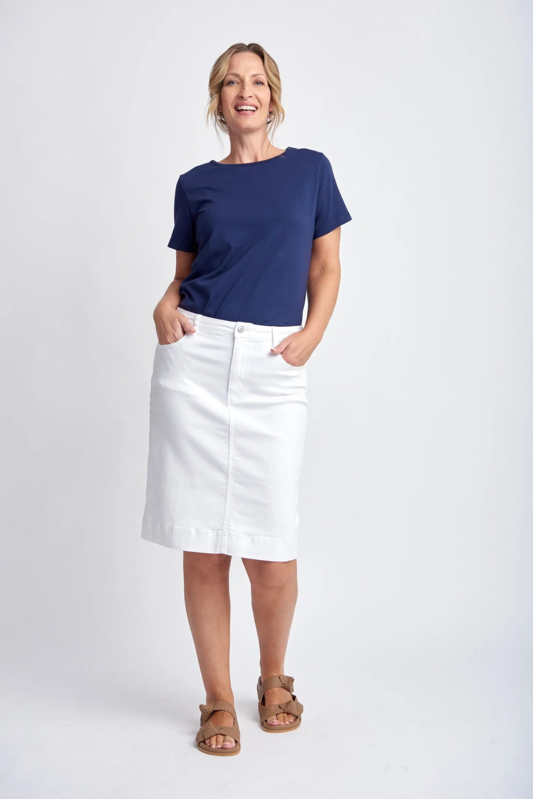 Denim Knee Length Skirt White