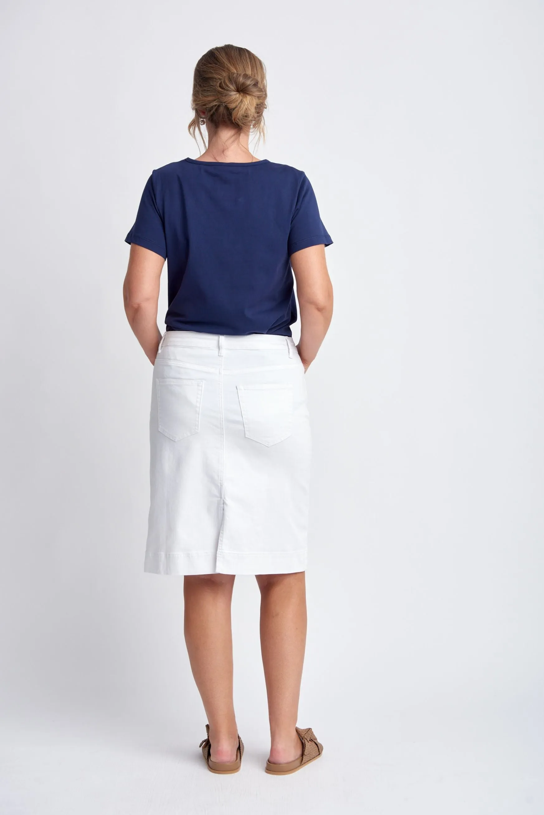 Denim Knee Length Skirt White