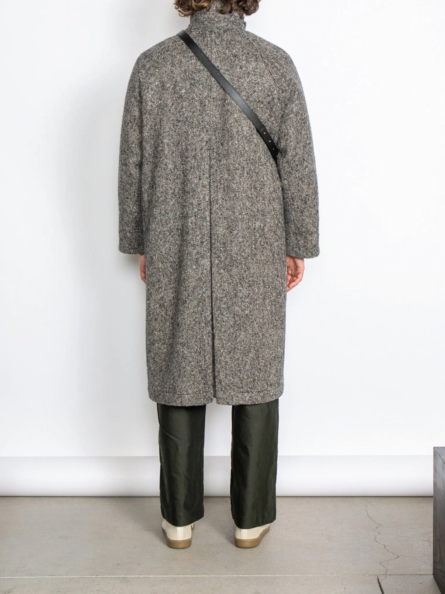 Donegal Tweed Inverted Pleats Balmacaan Coat - Beige