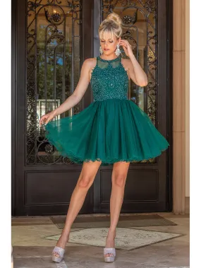 DQ 2156 - Short Homecoming Dress with Lace Appliqué High Neck & Tulle Skirt