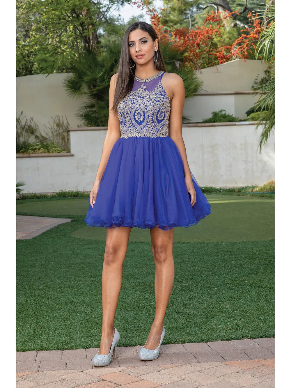 DQ 2156 - Short Homecoming Dress with Lace Appliqué High Neck & Tulle Skirt