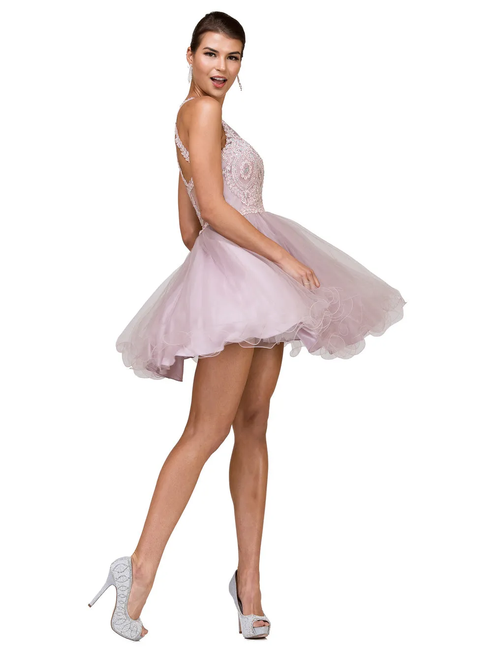 DQ 2156 - Short Homecoming Dress with Lace Appliqué High Neck & Tulle Skirt