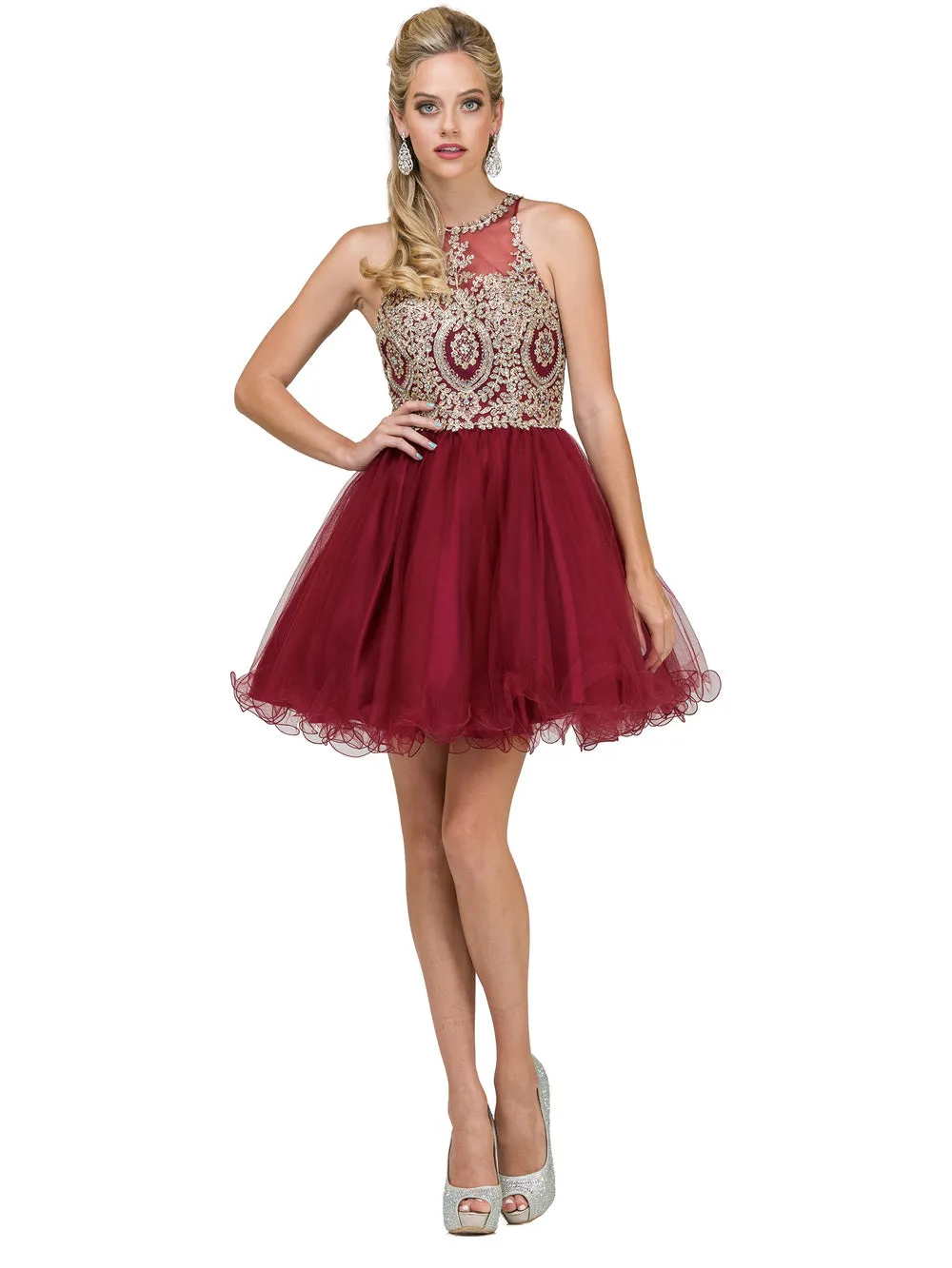 DQ 2156 - Short Homecoming Dress with Lace Appliqué High Neck & Tulle Skirt