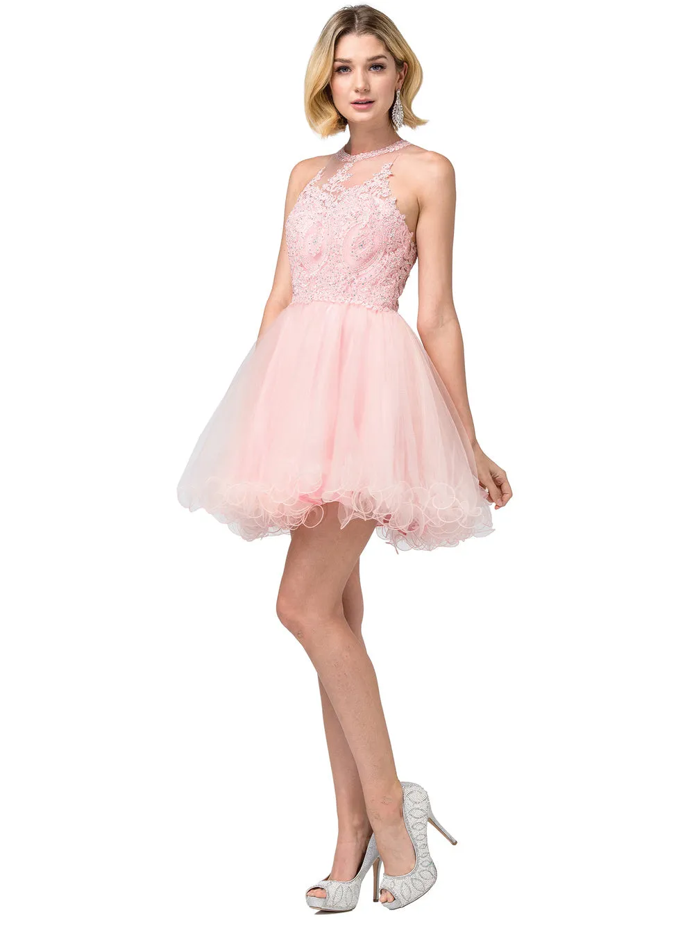 DQ 2156 - Short Homecoming Dress with Lace Appliqué High Neck & Tulle Skirt