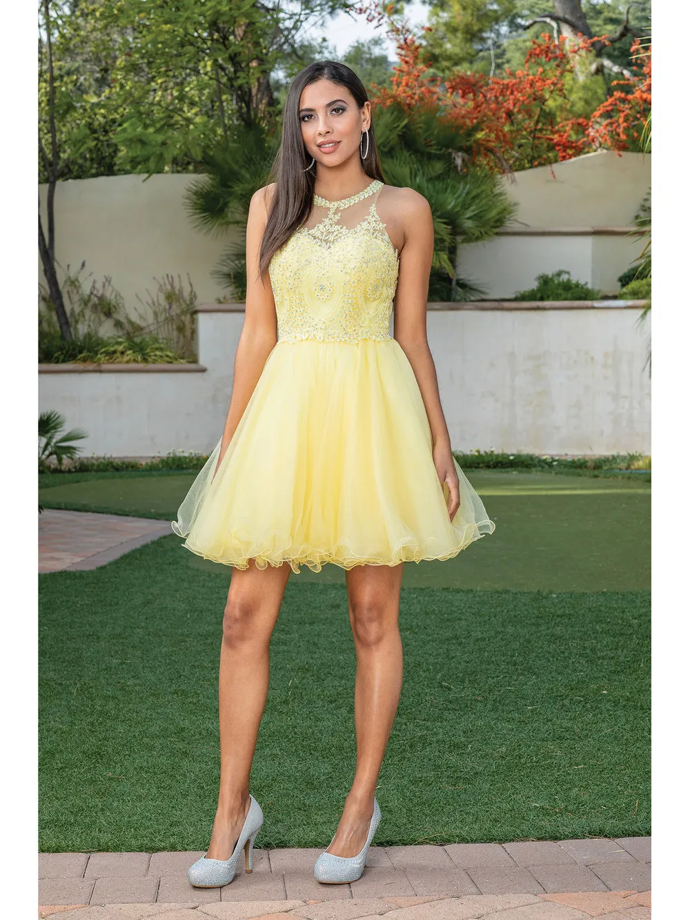 DQ 2156 - Short Homecoming Dress with Lace Appliqué High Neck & Tulle Skirt